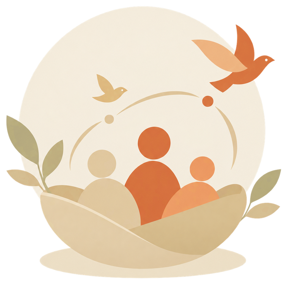 巣の中で寄り添う人々と、見守る鳥たちのイラスト