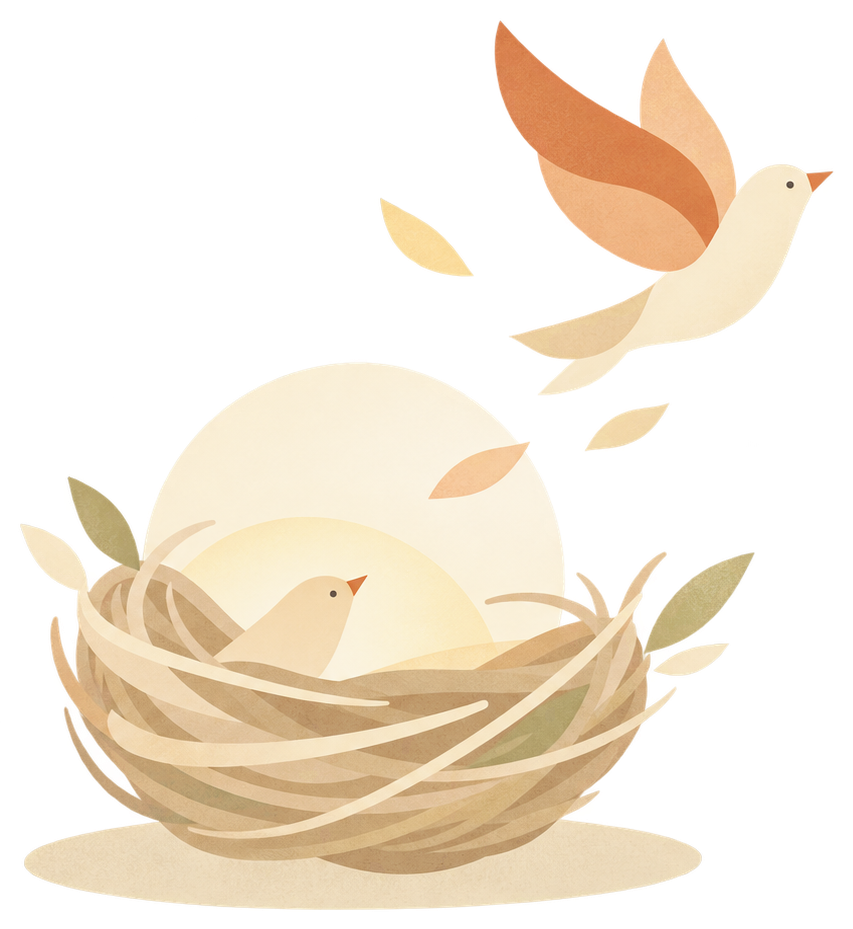巣に還る鳥と、巣の中で待つ小さな鳥のイラスト